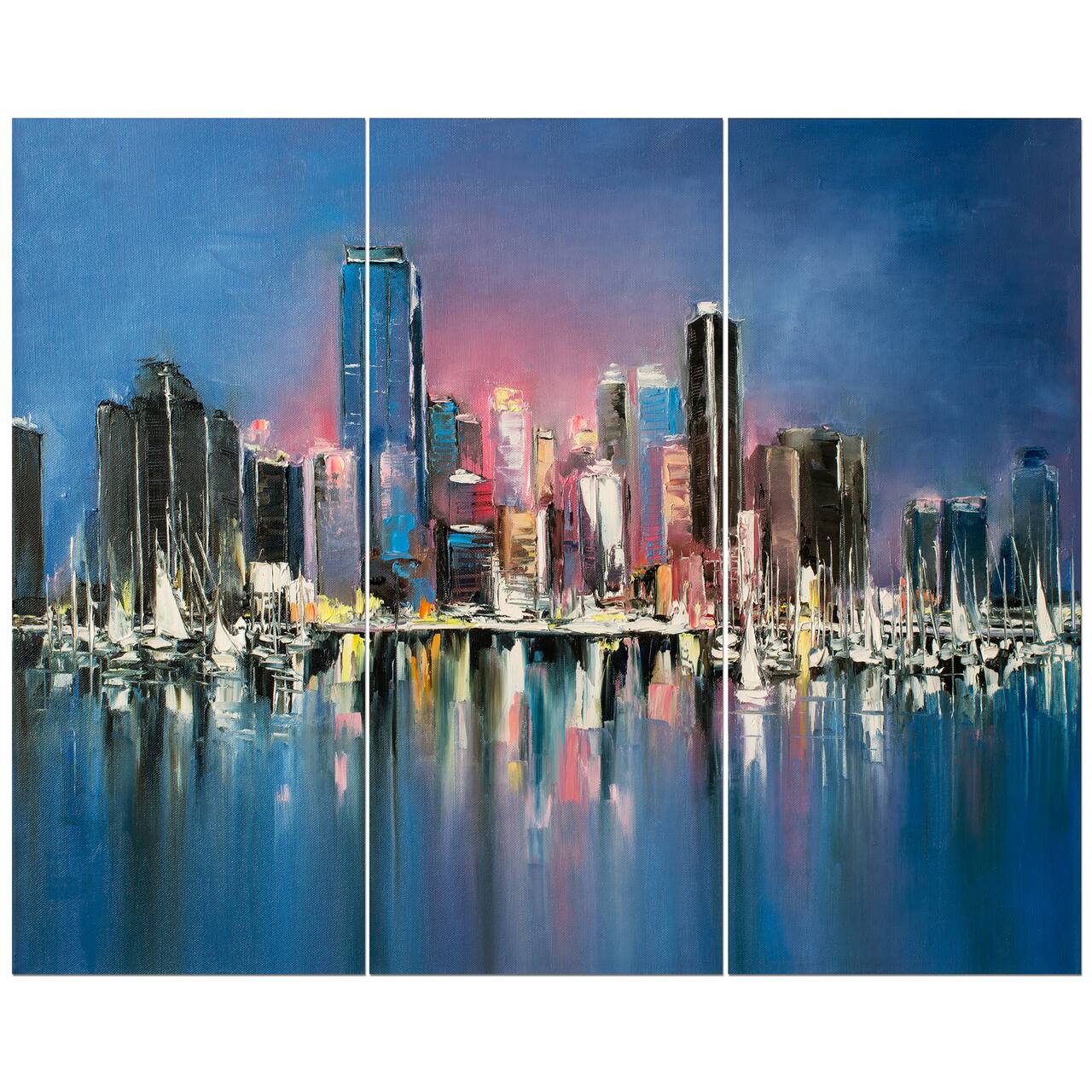 Designart - Coastal City Fantasy Night Scene in Oil Painting - Cityscapes Painting Print on Wrapped Canvas set